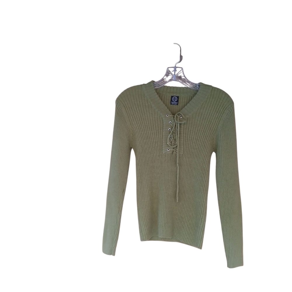 Inca Fashions Olive Ribbed Laced V Neck Baby Alpaca Sweater Small